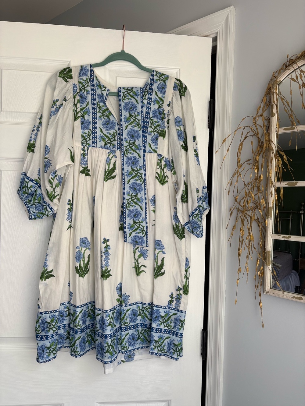 Islapayal White Floral Dress with Blue & Green Print
